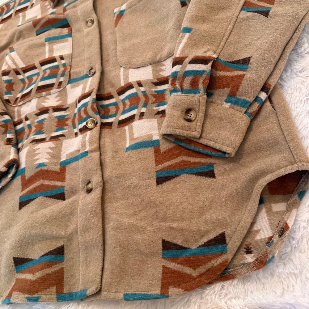 Blue B Collection Aztec Print Shacket Tan Brown Rust Turquoise Medium pockets - Picture 2 of 7